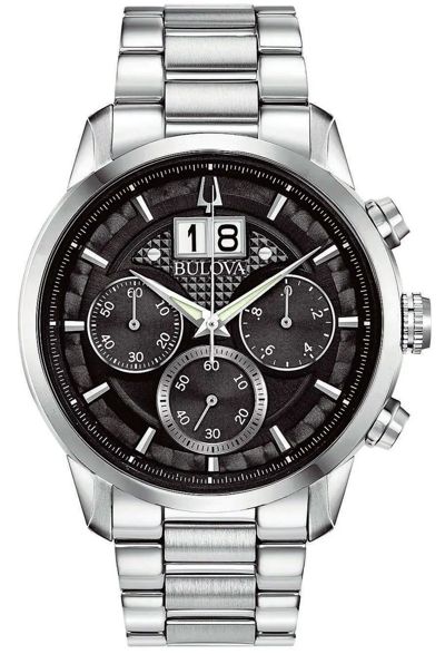 Pre-owned Bulova Sutton Stainless Steel Black Dial Men's Chronograph Watch 96b319