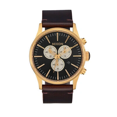 Pre-owned Nixon "sentry Chrono Leather" Watch (gold/indigo/brown) Analog Watch