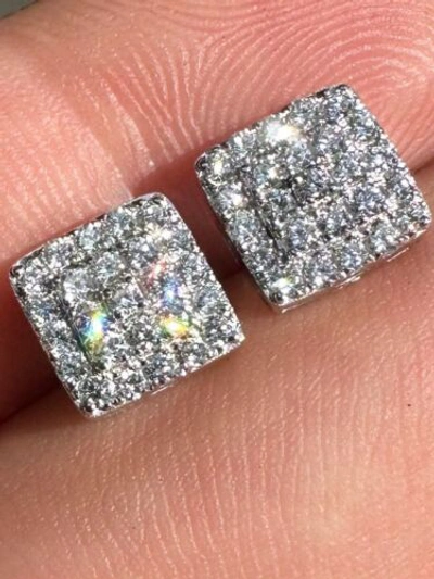 Pre-owned Silver 1.32ct Vvs Real Diamond Men's Solid 14k White Gold Iced Hip Hop Square Earrings