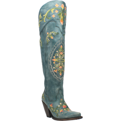Pre-owned Dan Post Womens Flower Child Over-the-knee Boots Leather Turquoise In Blue