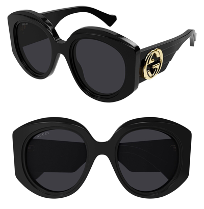 Pre-owned Gucci Couture 1308 Black Gg Logo Stripe 001 Oversized Round Sunglasses Gg1308s In Gray