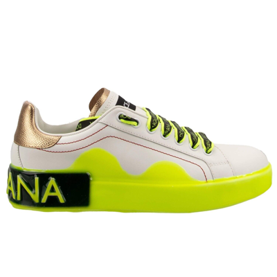 Pre-owned Dolce & Gabbana Dg Logo Sneaker Shoes Portofino White Neon Yellow Gold 13383