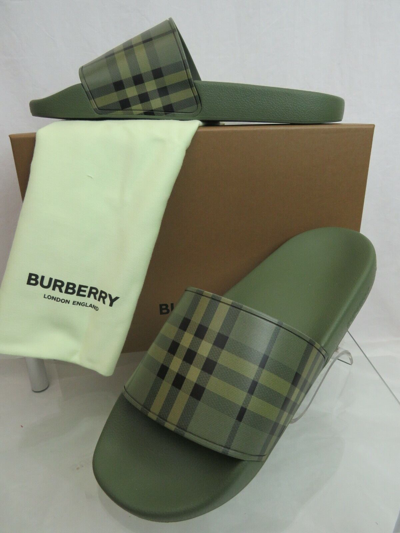 Pre-owned Burberry Furley Green Rubber Check Lettering Logo Sandal Slides Eur 42 Us 9