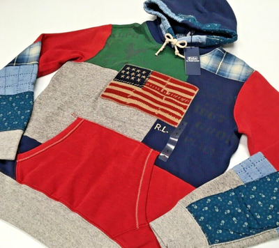 Pre-owned Polo Ralph Lauren Colorblocked Us Flag Patchwork Fleece 911 Sweatshirt Hoodie In Multicolor