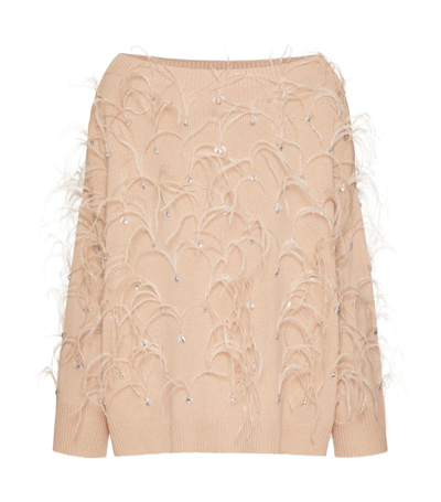 Valentino Feather Embellished Boat-neck Oversized Wool Sweater In Poudre