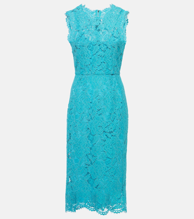 Dolce & Gabbana Midi Light Blue Sleeveless Dress In Floreal Lace Woman In Green