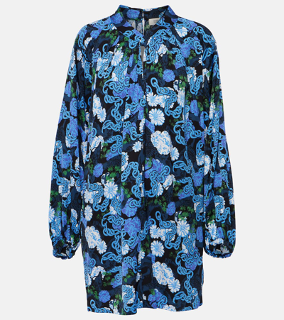 Diane Von Furstenberg Silka Pleated Floral-print Shift Mini Dress In Blue