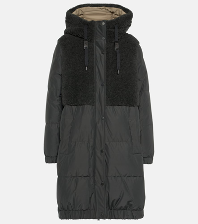 Brunello Cucinelli Women's Taffeta And Virgin Wool And Cashmere Fleecy Panelled Down Coat With Hood And Monili In Navy