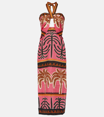 Johanna Ortiz + Net Sustain Unexpected Symbolism Cutout Printed Linen Halterneck Midi Dress In Pink