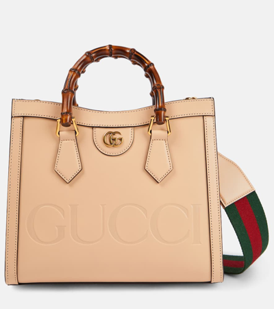 Gucci Logo Leather Tote Bag In Beige