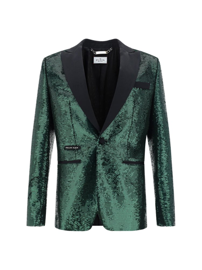 Philipp Plein Logo Patch Sequin Embellished Blazer In Green