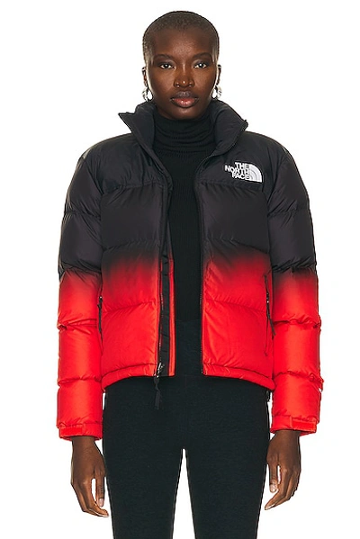 The North Face 96 Nuptse Jacket In Fiery Red Dip Dye Small Print