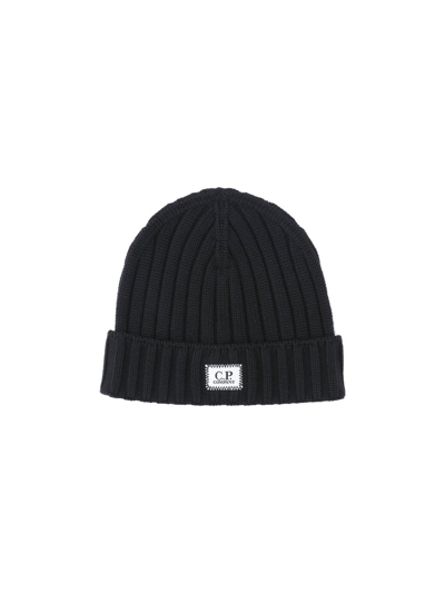 C.p. Company Logo Patch Ribbed Beanie In Black