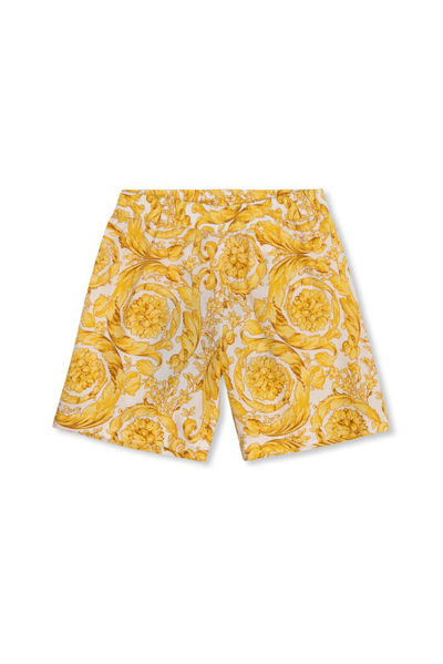 Versace Kids Barocco Printed Sweat Shorts In Yellow