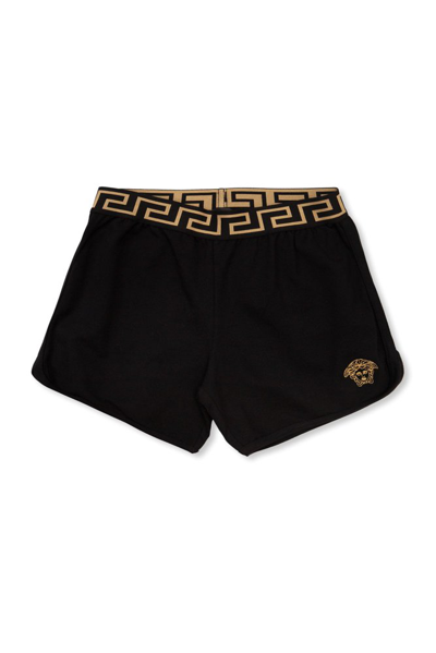 Versace Kids' Medusa Embroidery Fleece Shorts In Black+gold