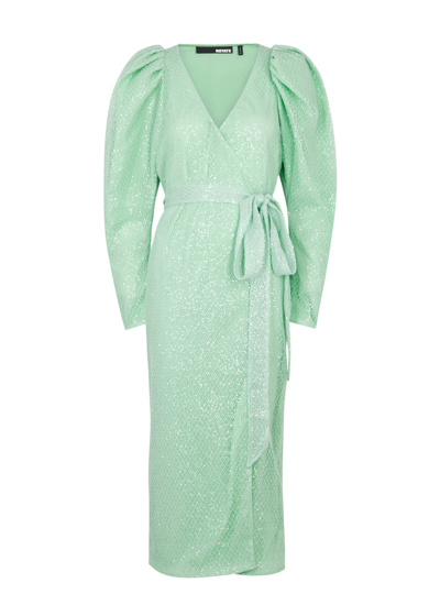Rotate Birger Christensen Sequin-embellished Lace Midi Wrap Dress In Light Green