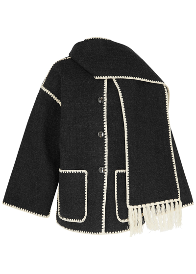 Totême Womens Dark Grey Melange Scarf-overlay Contrast-trim Relaxed-fit Wool-blend Jacket