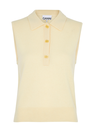 Ganni Merino-cashmere Sleeveless Polo Shirt In Beige