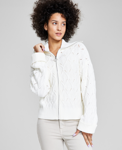 And Now This Women's Spread Collar Zip-front Cardigan Sweater, Created For Macy's In Calla Lily