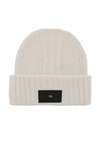 Y-3 BEANIE HAT IN RIBBED WOOL WITH LOGO PATCH