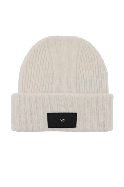 Y-3 BEANIE HAT IN RIBBED WOOL WITH LOGO PATCH
