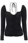 Ganni Black Blouse With Criss-cross Straps And Long Sleeves In Recycled Fabric Woman