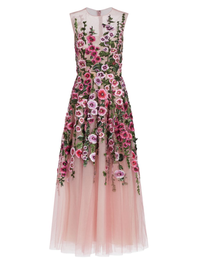 Oscar De La Renta Floral-embroidered Tulle Dress In Dark Rose/multi