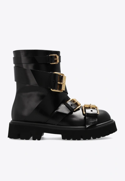 Moschino Buckle-detail Leather Ankle Boots In Black