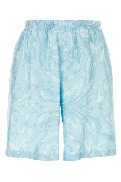 Versace Barocco Silk Shorts In Blue+print