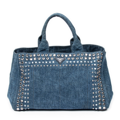 Prada Large Studded Canapa Tote In Blue