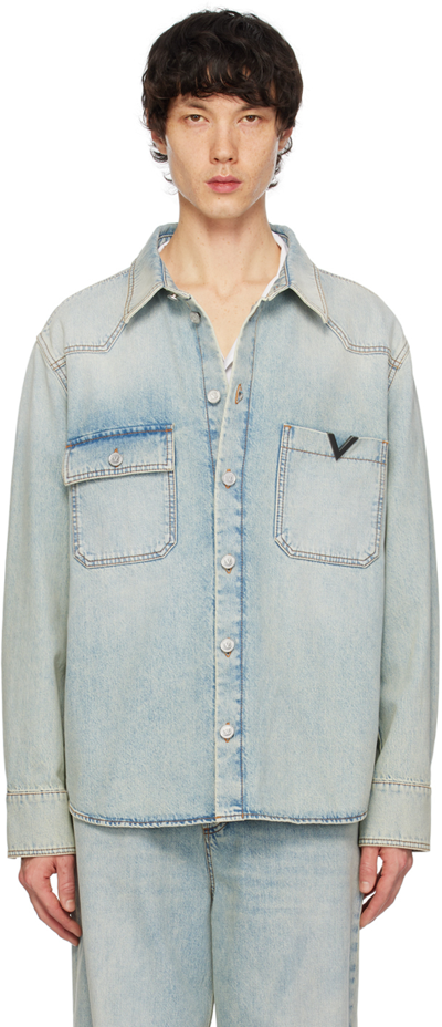 Valentino Mens Denim Blu Lav Chiaro Brand-plaque Faded-wash Relaxed-fit Denim Shirt