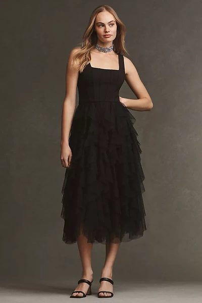 Bhldn Sleeveless Square-neck Ruffled Tulle Midi Dress In Black