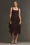 Bhldn Sleeveless Square-neck Ruffled Tulle Midi Dress In Brown