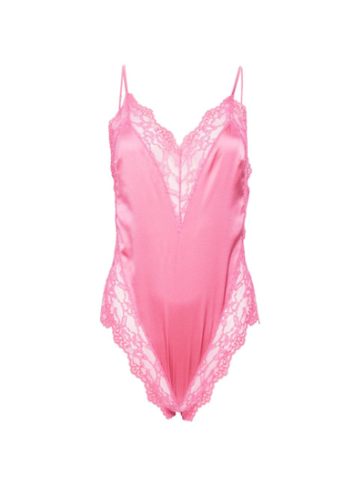 Fleur Du Mal Venus Lace-trimmed Silk-blend Satin Bodysuit In Pink Cadillac
