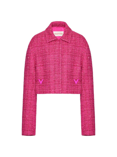 Valentino V-logo Metallic Paillette Tweed Jacket In Pink