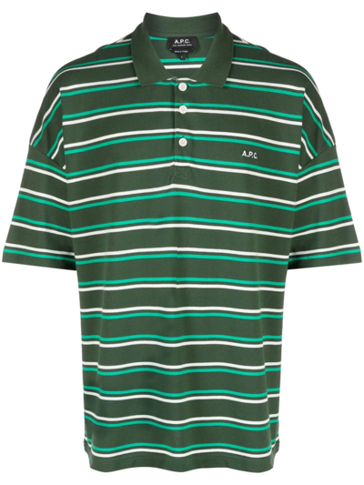 Apc Logo-embroidered Striped Polo Shirt In Green
