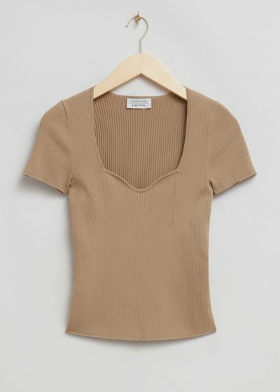 Other Stories Knitted Sweetheart Neck Top In Beige