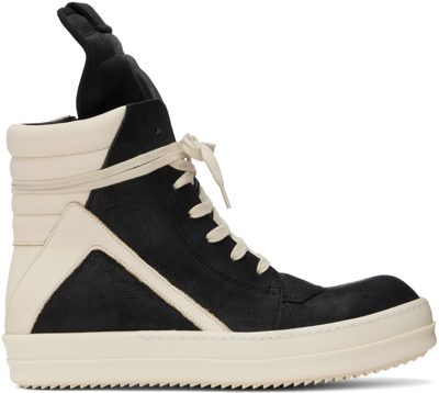 Rick Owens Black & Off-white Geobasket Sneakers In 911 Black/milk/milk