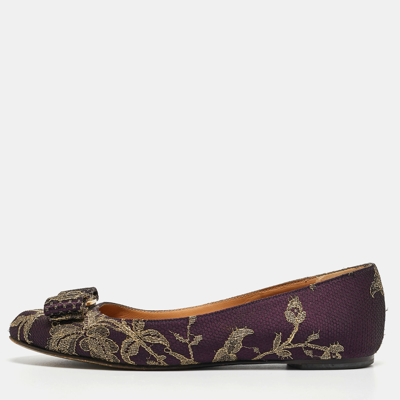 Pre-owned Ferragamo Purple/gold Floral Lace And Satin Varina Ballet Flats Size 35.5