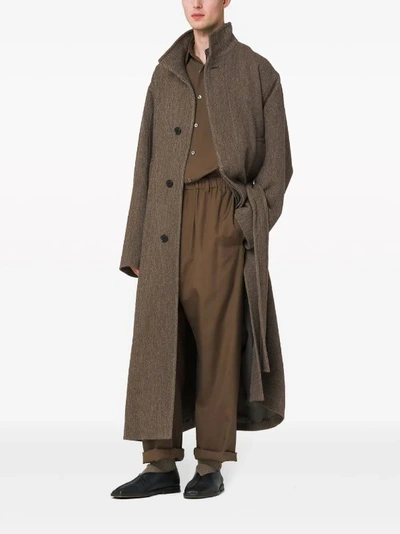 Lemaire Men's Bathrobe Woven Coat In Mu149 Dark Brown/beige