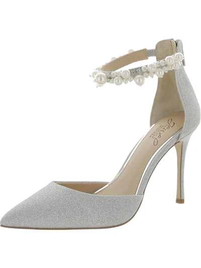 Jewel Badgley Mischka Layne Womens Pearls Ankle Strap Pumps In Silver