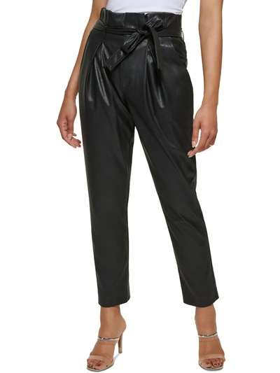 Dkny Petites Womens Faux Leather High Waisted Trouser Pants In Black
