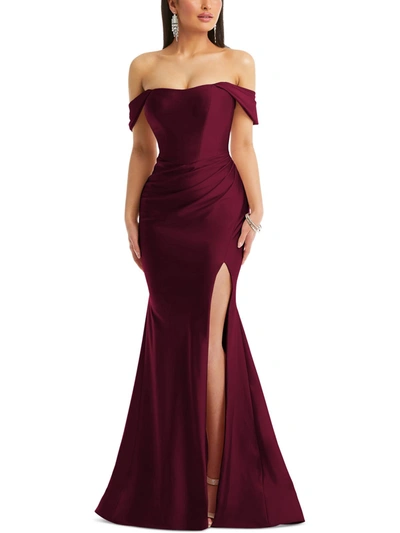 Cynthia & Sahar Off-the-shoulder Corset Stretch Satin Mermaid Dress With Slight Train In Red