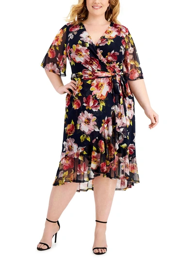 Connected Apparel Womens Floral Belted Midi Dress In Blue
