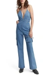 Bardot Zerah Denim Cargo Halter Jumpsuit In Vintage Blue