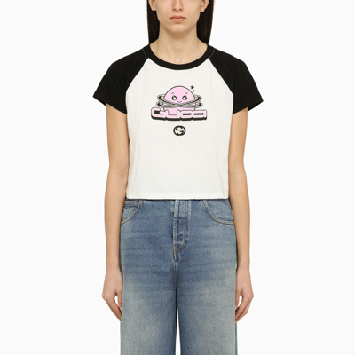 Gucci White/black Crew-neck T-shirt With Logo Women In Yellow