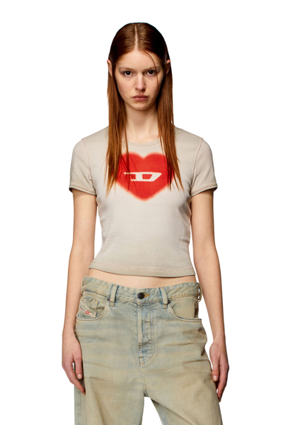 Diesel Ribbed T-shirt With Watercolour Heart D In Beige