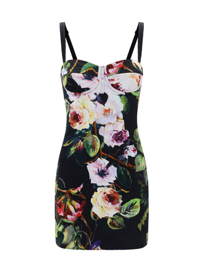 Dolce & Gabbana Rose Garden Printed Short Satin Corset Dress In Multi