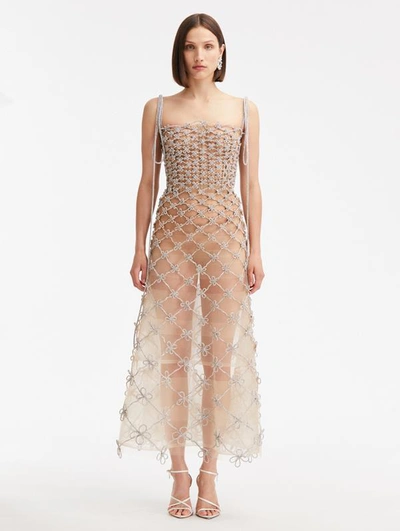 Oscar De La Renta Crystal-grid Midi Dress In Neutrals