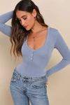 LULUS PURSUING SWEETNESS LIGHT BLUE TEXTURED RIBBED HENLEY BODYSUIT